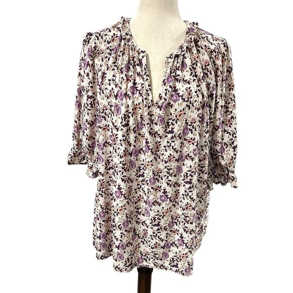 Melloday Peasant Style Blouse Pink and Purple Floral Short Sleeve Size 2X - Picture 1 of 5